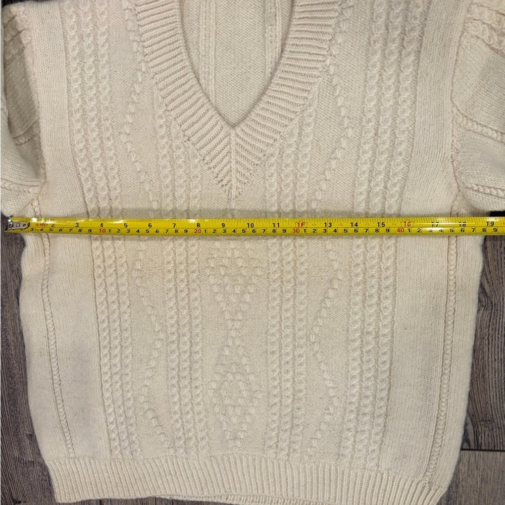 Handmade Cream Cable-Knit Wool Sweater • Heavy Chunky Knit • V-Neck - Picture 7 of 8